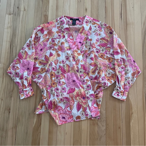 NEW! Smythe Pink Begonia Floral Oversized Criss Cross Blouse - Sz S - Picture 2 of 14